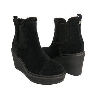 SAM EDELMAN Women's Black Suede & Sherpa Reagan Wedge Ankle Boots 7